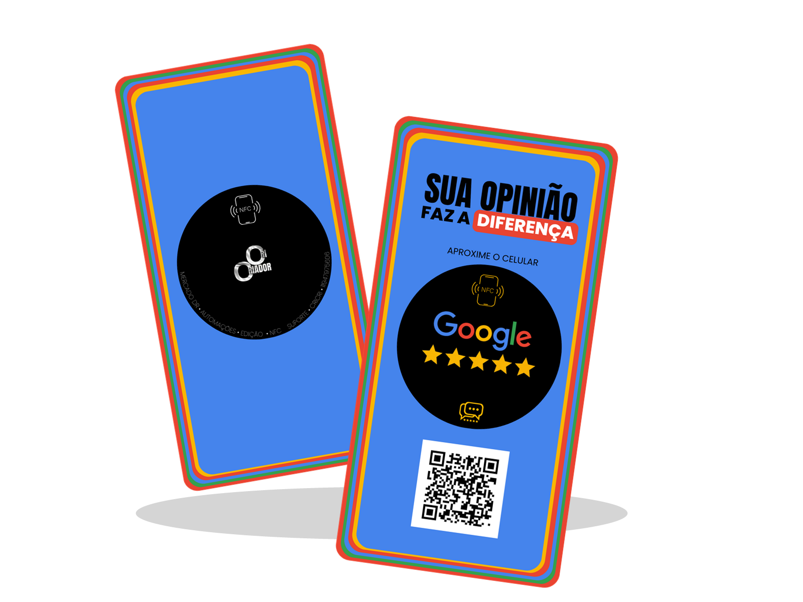 Mockup 3D da placa NFC azul para avaliações no Google de frente e verso